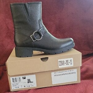 Clarks Black Mid-Calf Heeled Boot with Buckle Accent